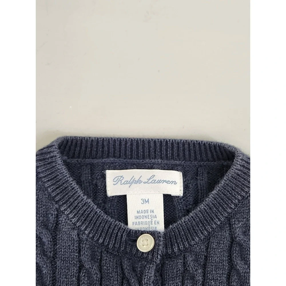 Ralph Lauren Cardigan Baby 3M Navy Blue Cable Knit Button Front Pony Logo